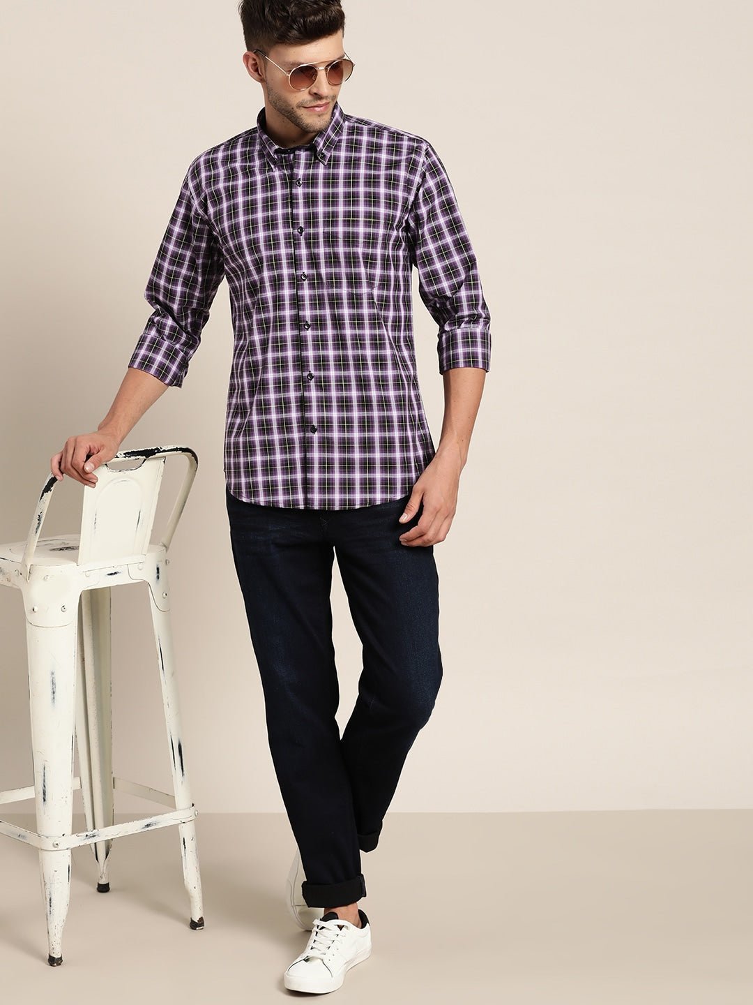 Men Mauve & Black Checked Pure Cotton Slim Fit Casual Shirt - #folk republic#