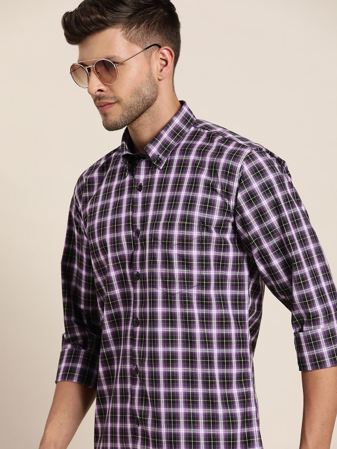 Men Mauve & Black Checked Pure Cotton Slim Fit Casual Shirt - #folk republic#