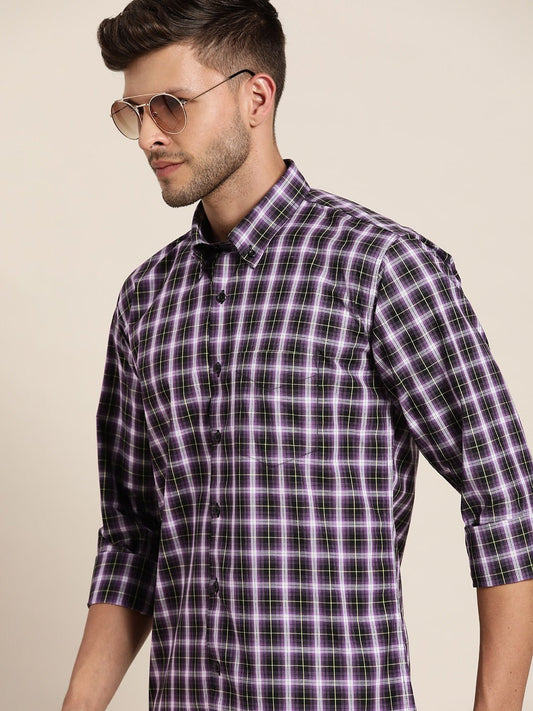 Men Mauve & Black Checked Pure Cotton Slim Fit Casual Shirt - #folk republic#