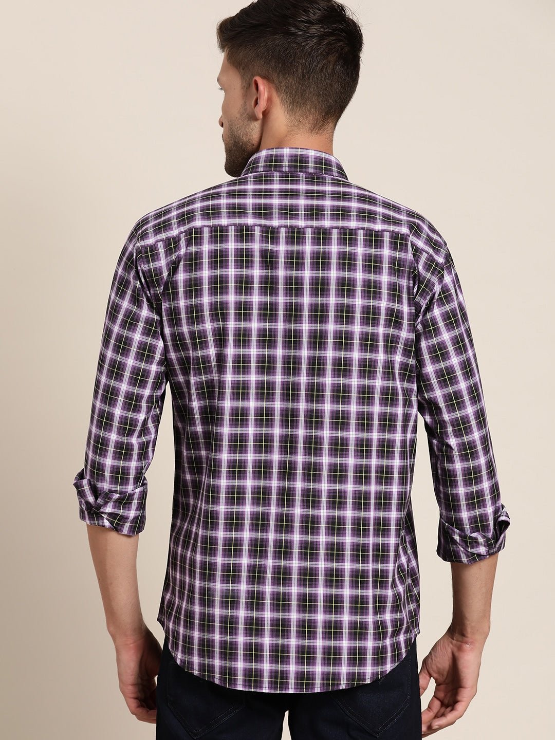 Men Mauve & Black Checked Pure Cotton Slim Fit Casual Shirt - #folk republic#
