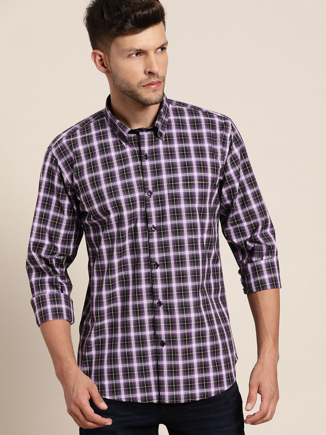 Men Mauve & Black Checked Pure Cotton Slim Fit Casual Shirt - #folk republic#