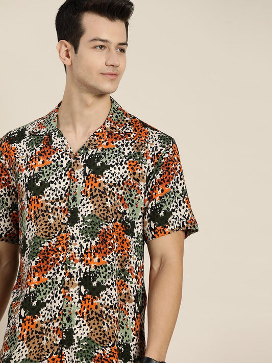 Men Mustard & Green Prints Viscose Rayon Relaxed Fit Casual Resort shirt - #folk republic#