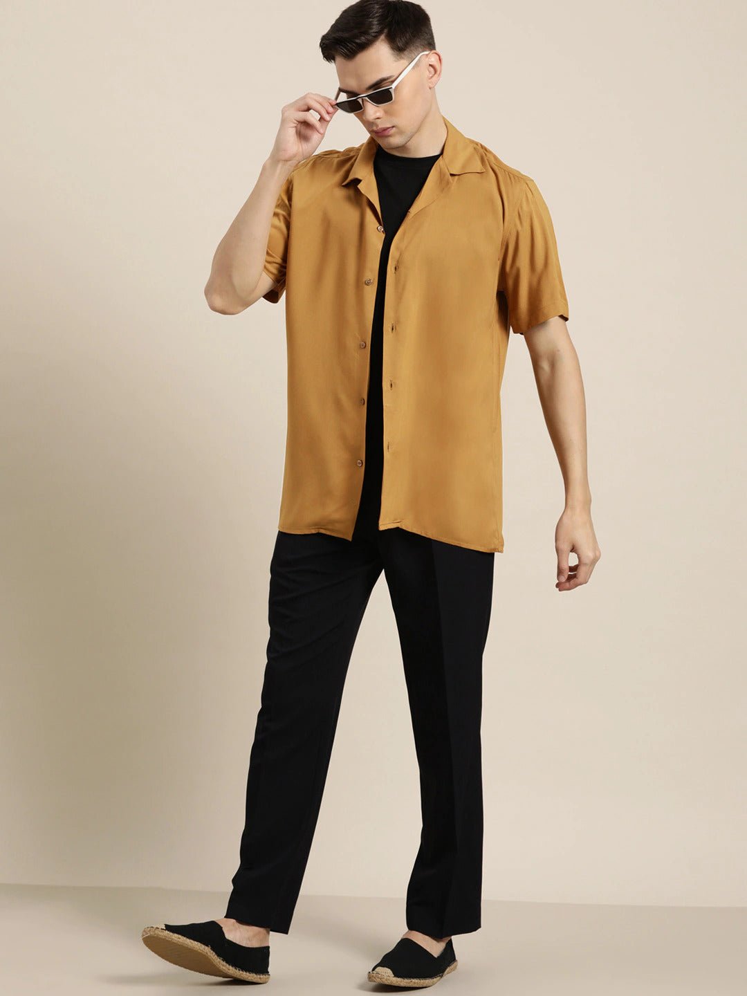 Men Mustard Solid Viscose Rayon Relaxed Fit Casual Resort Shirt - #folk republic#