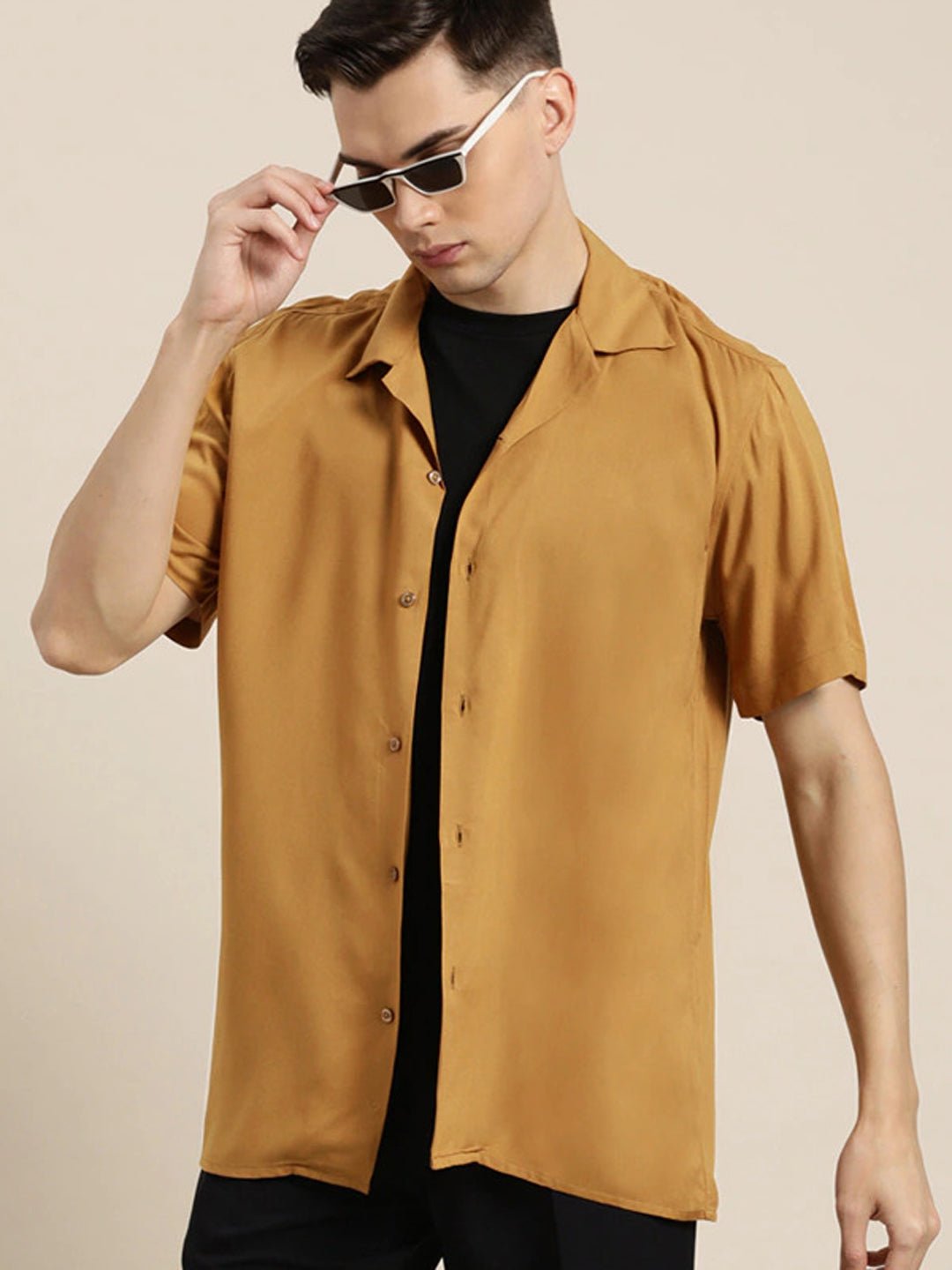 Men Mustard Solid Viscose Rayon Relaxed Fit Casual Resort Shirt - #folk republic#