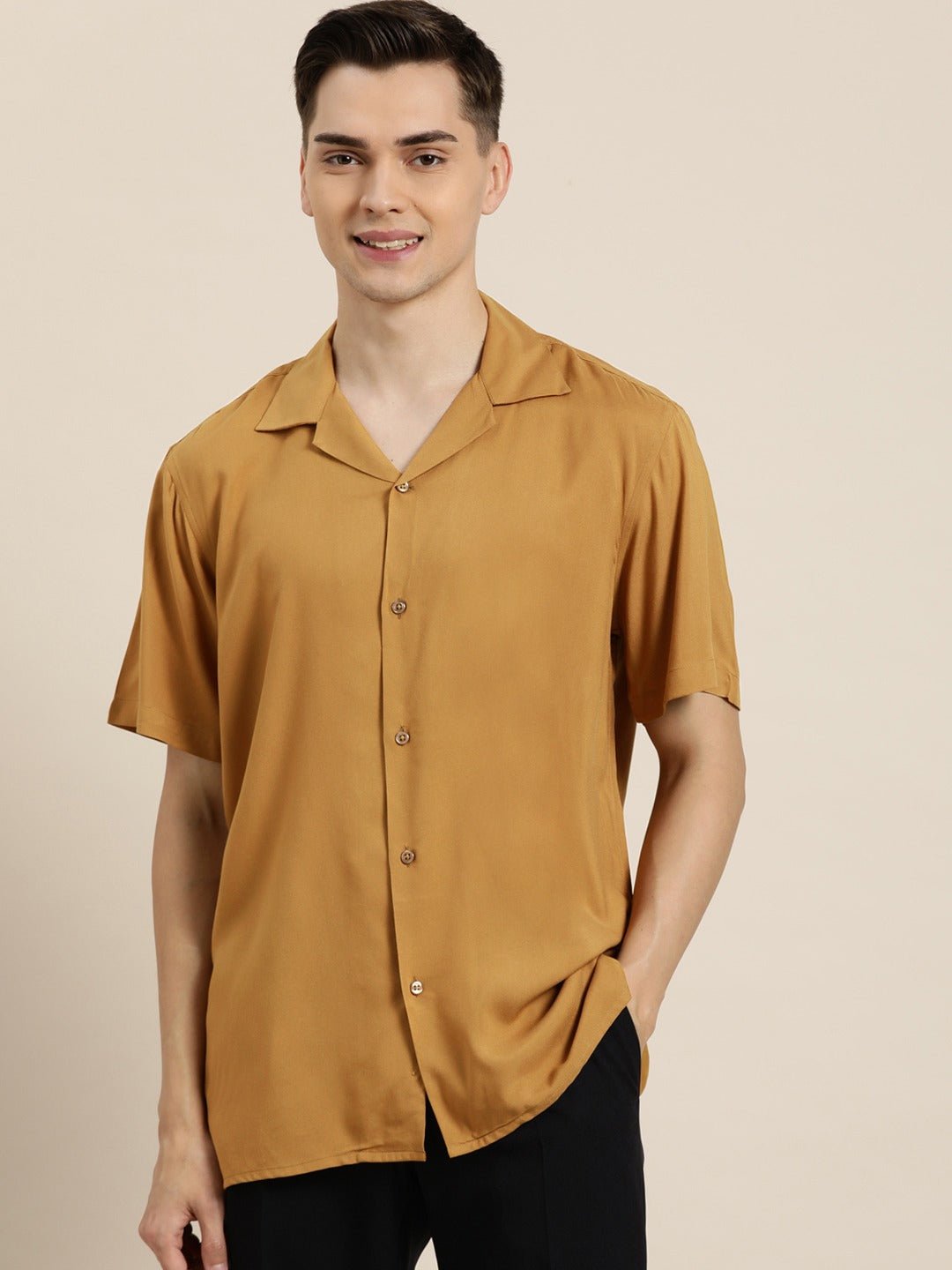 Men Mustard Solid Viscose Rayon Relaxed Fit Casual Resort Shirt - #folk republic#