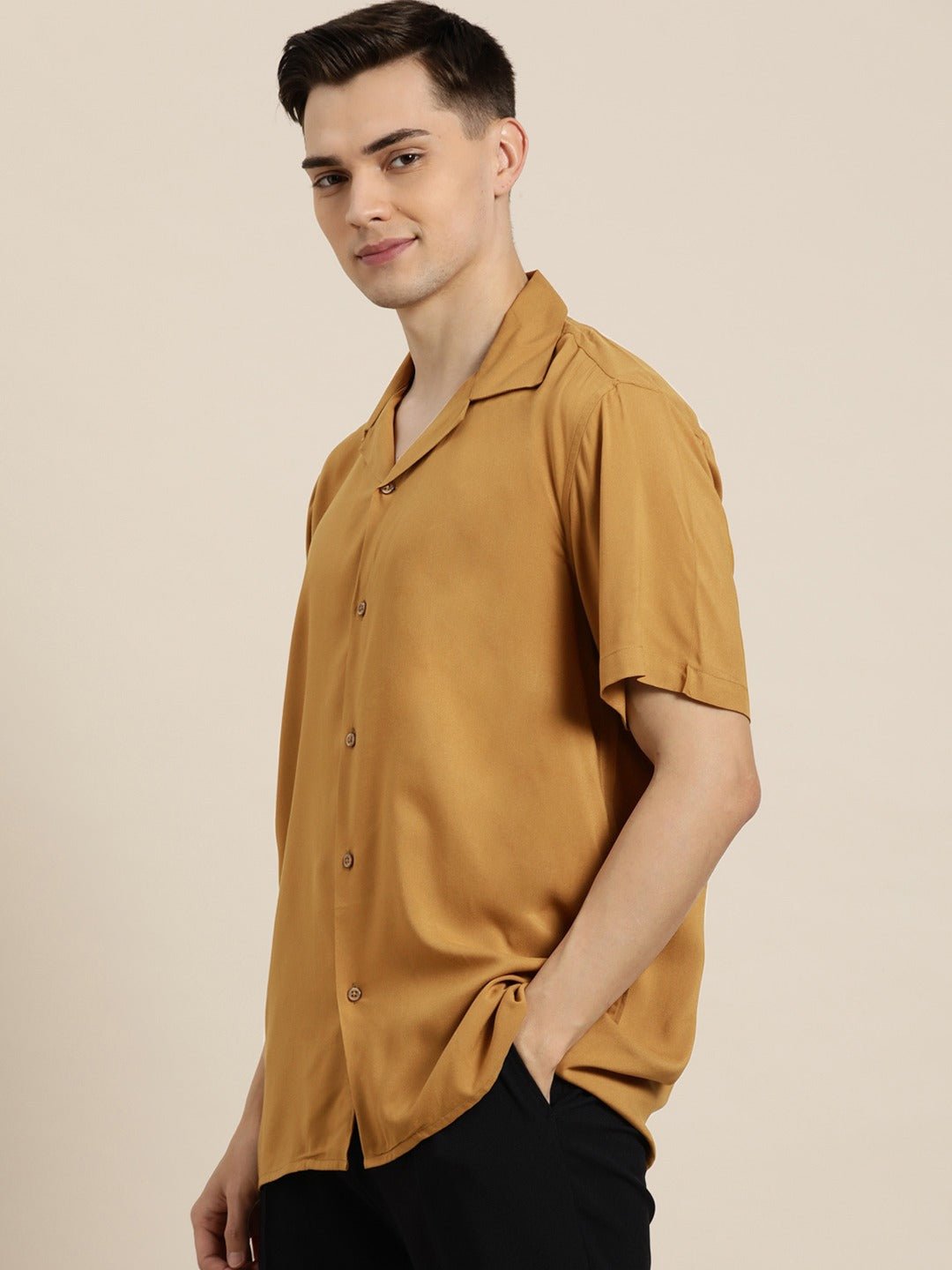 Men Mustard Solid Viscose Rayon Relaxed Fit Casual Resort Shirt - #folk republic#