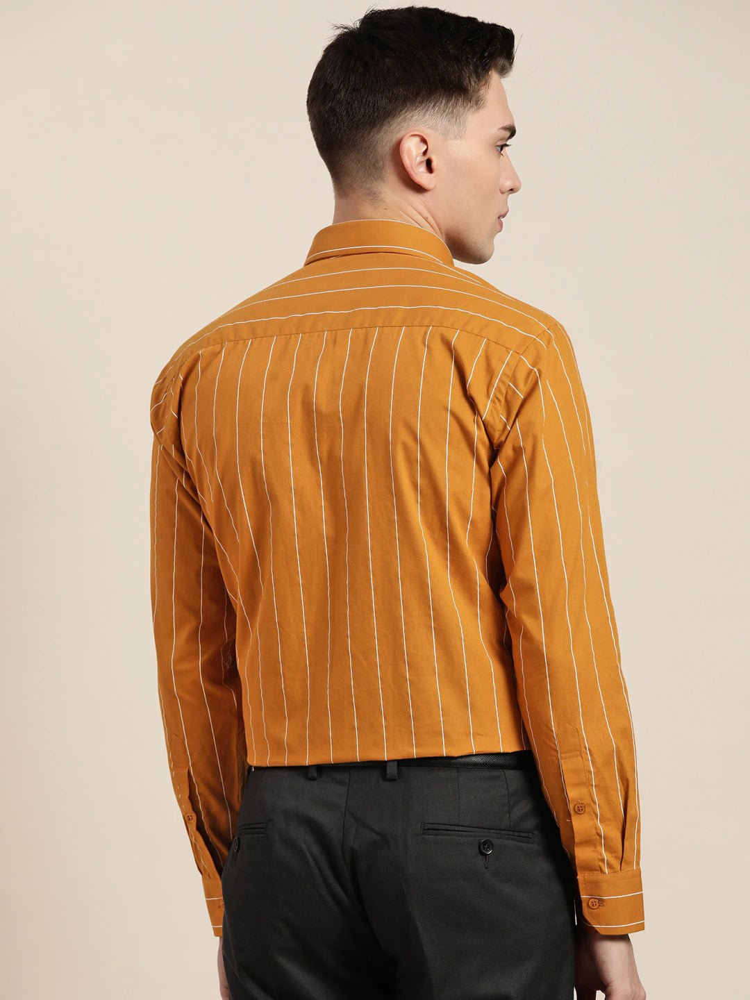 Men Mustard Stripes Pure Cotton Slim Fit Formal Shirt - #folk republic#