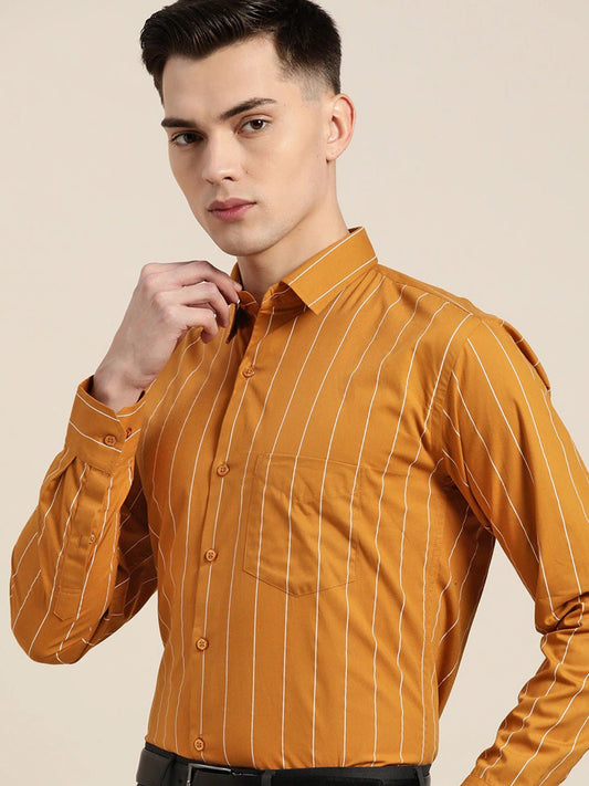 Men Mustard Stripes Pure Cotton Slim Fit Formal Shirt - #folk republic#