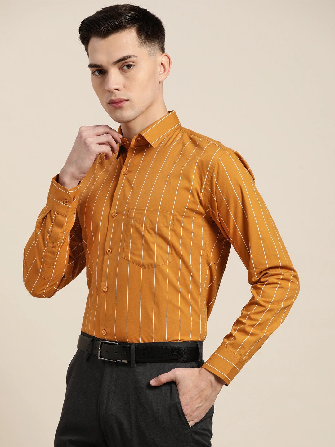 Men Mustard Stripes Pure Cotton Slim Fit Formal Shirt - #folk republic#