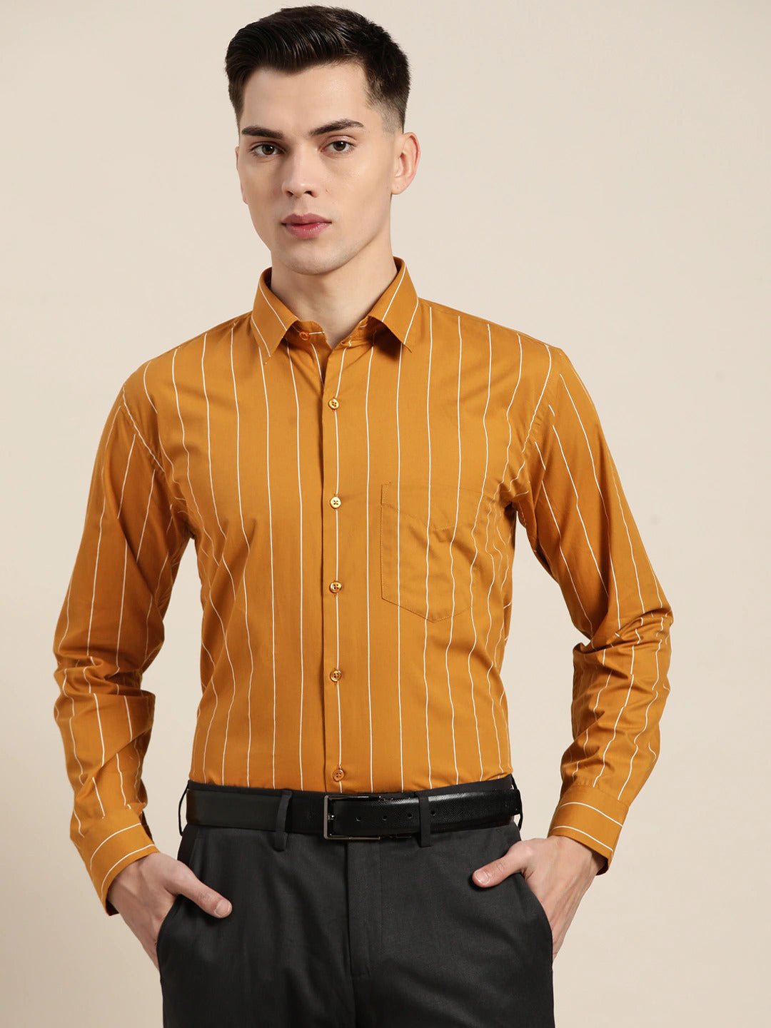Men Mustard Stripes Pure Cotton Slim Fit Formal Shirt - #folk republic#