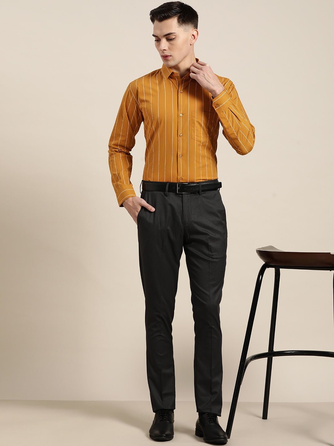 Men Mustard Stripes Pure Cotton Slim Fit Formal Shirt - #folk republic#