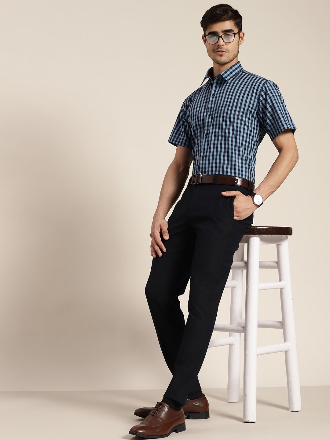 Men Navy & Blue Checked Pure Cotton Slim Fit Formal Shirt - #folk republic#