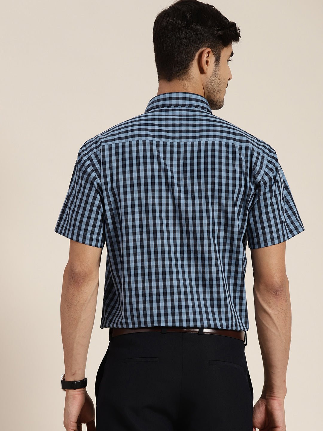 Men Navy & Blue Checked Pure Cotton Slim Fit Formal Shirt - #folk republic#
