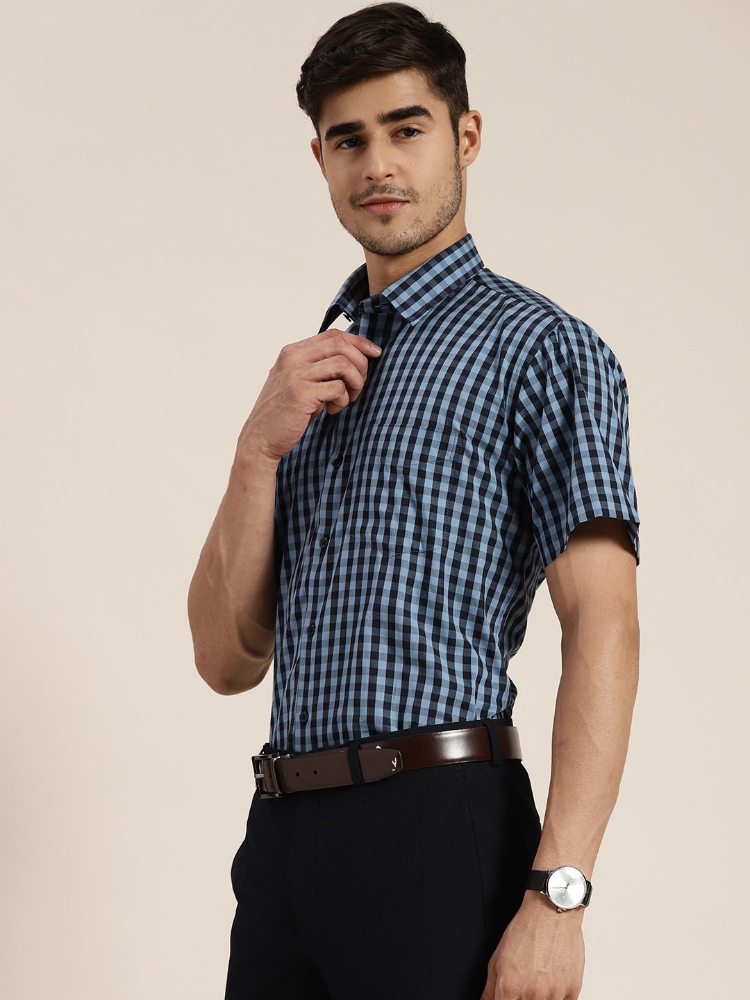 Men Navy & Blue Checked Pure Cotton Slim Fit Formal Shirt - #folk republic#