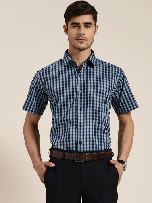 Men Navy & Blue Checked Pure Cotton Slim Fit Formal Shirt - #folk republic#