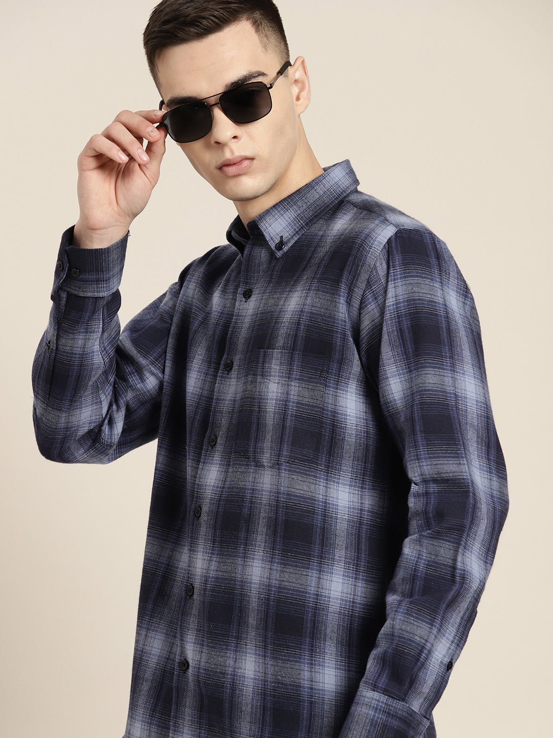 Men Navy & Blue Checks Pure Cotton Slim fit Casual Shirt - #folk republic#