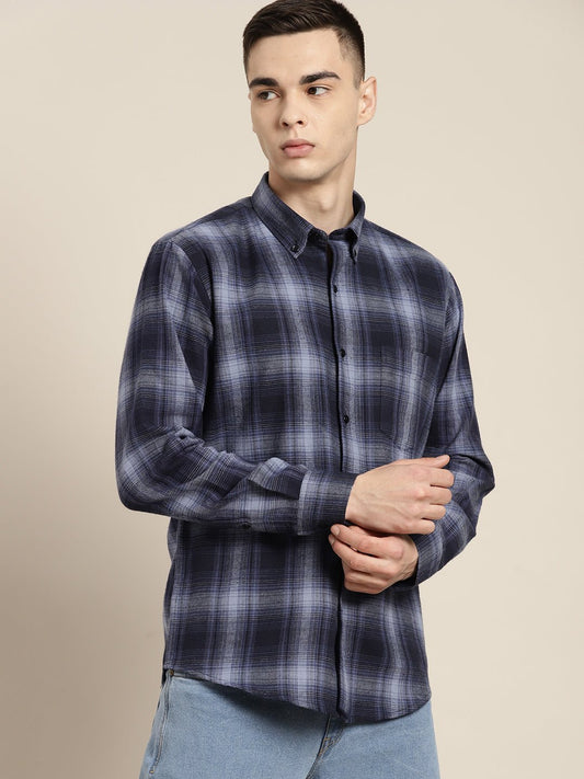 Men Navy & Blue Checks Pure Cotton Slim fit Casual Shirt - #folk republic#