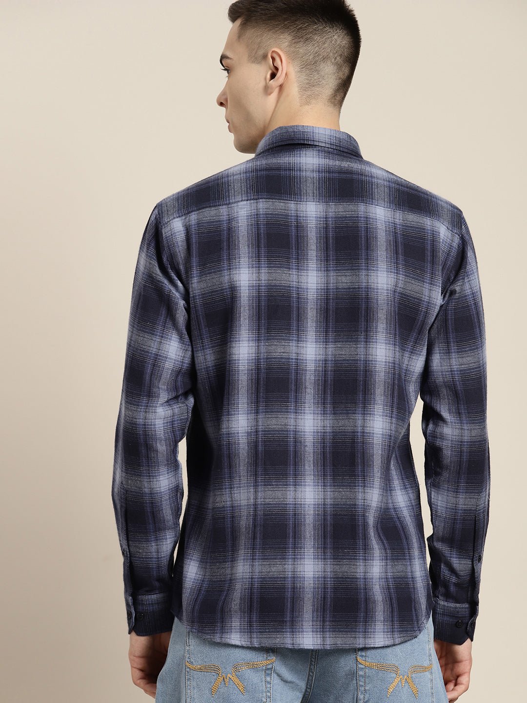 Men Navy & Blue Checks Pure Cotton Slim fit Casual Shirt - #folk republic#