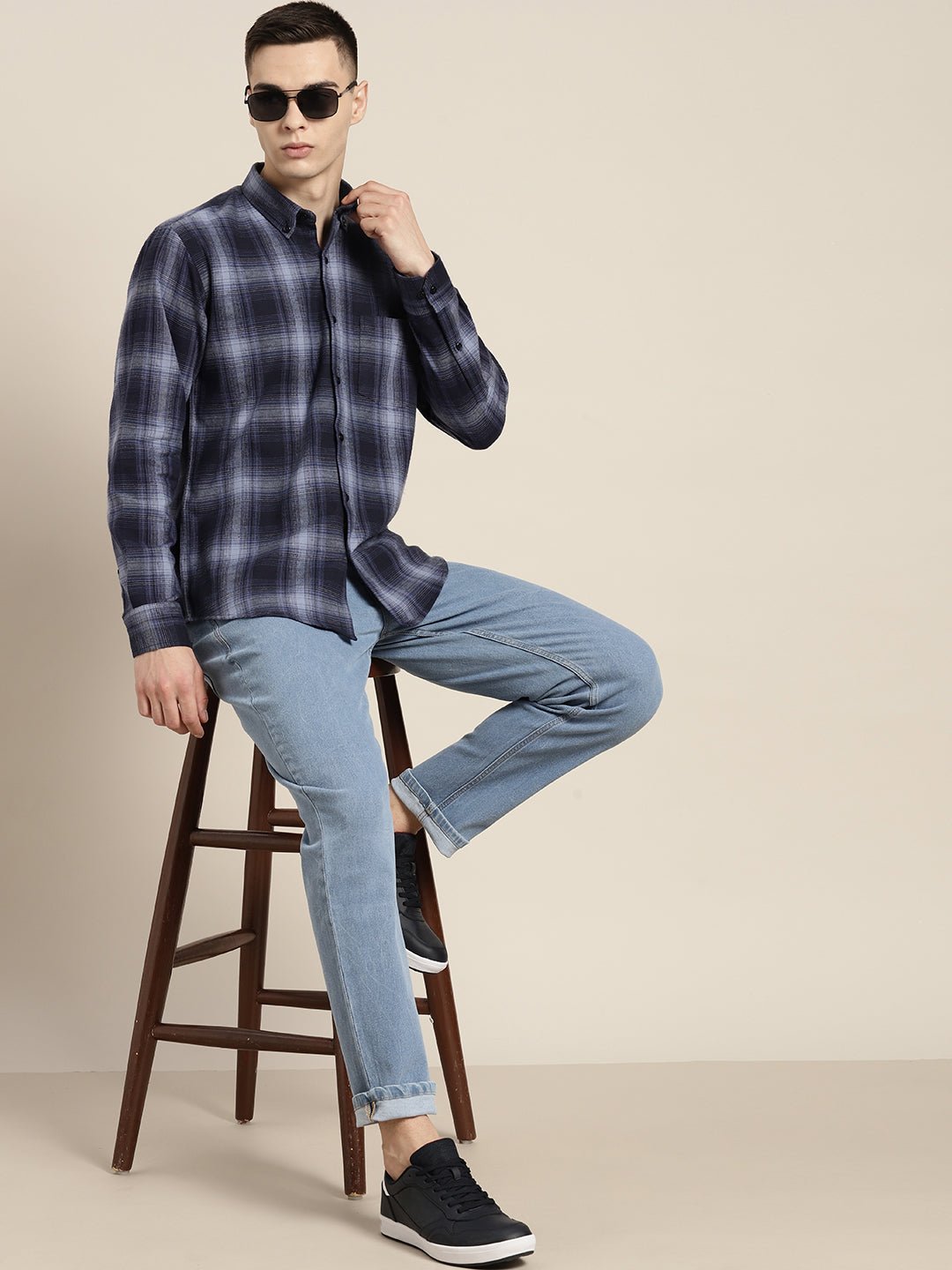 Men Navy & Blue Checks Pure Cotton Slim fit Casual Shirt - #folk republic#