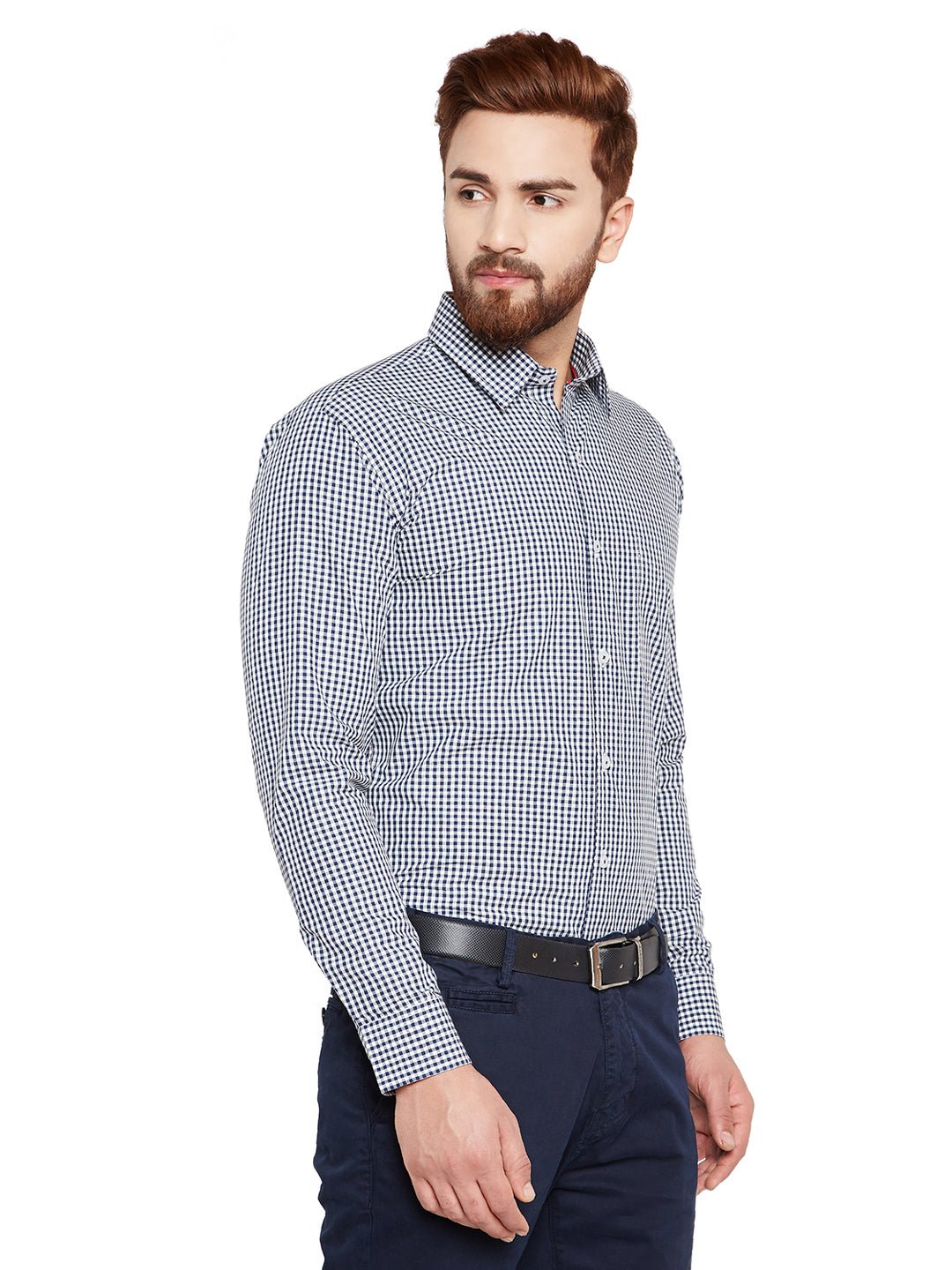 Men Navy Blue Checks Slim Fit Pure Cotton Formal Shirt - #folk republic#