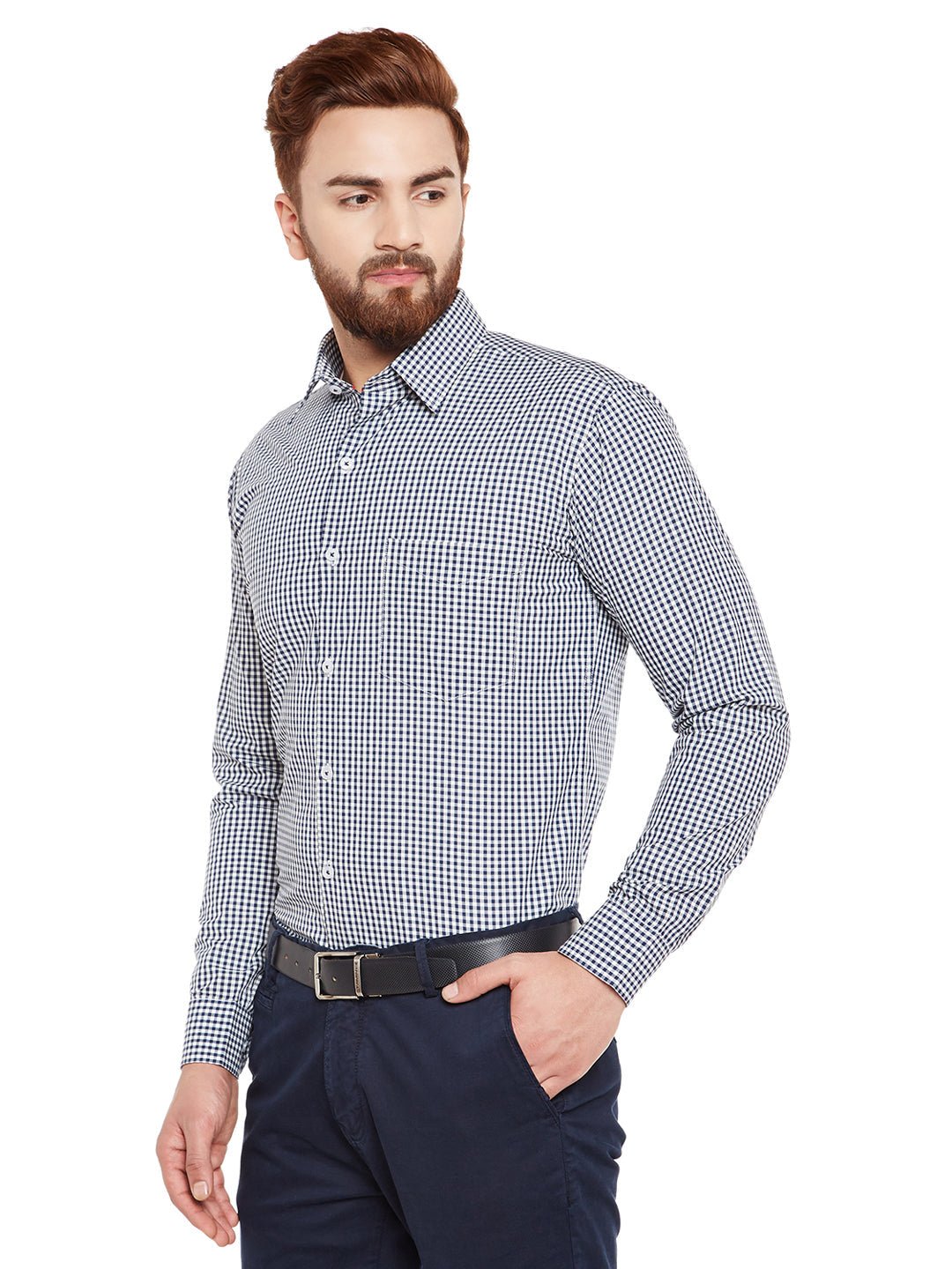 Men Navy Blue Checks Slim Fit Pure Cotton Formal Shirt - #folk republic#