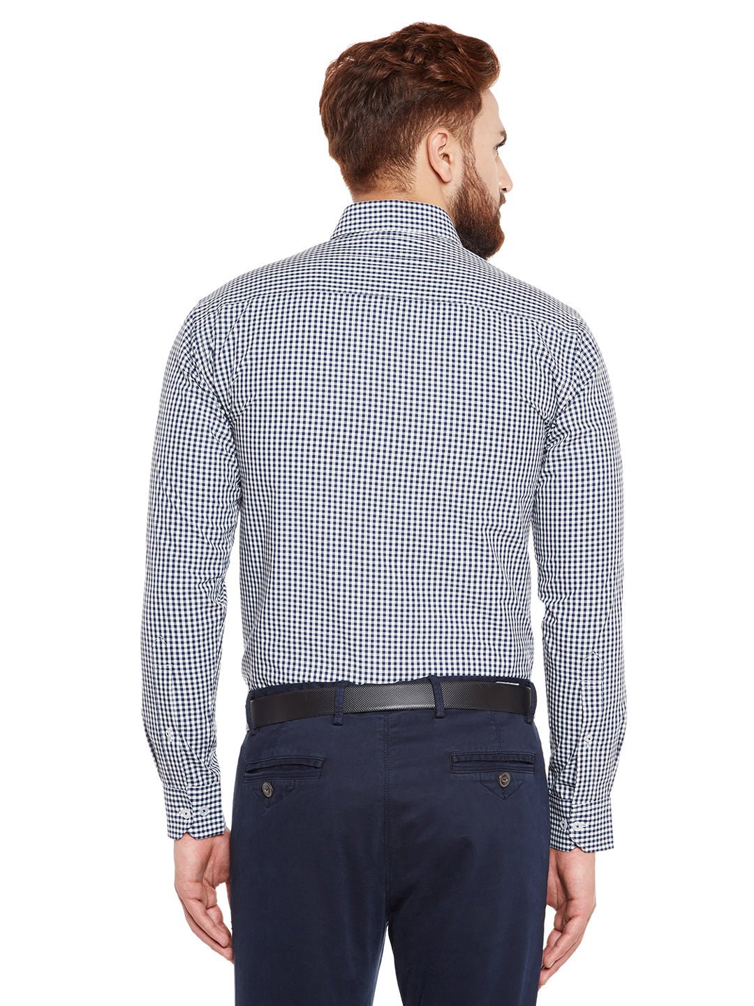 Men Navy Blue Checks Slim Fit Pure Cotton Formal Shirt - #folk republic#