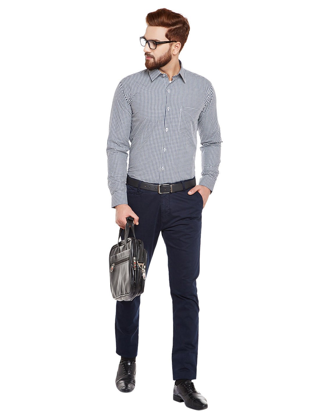 Men Navy Blue Checks Slim Fit Pure Cotton Formal Shirt - #folk republic#