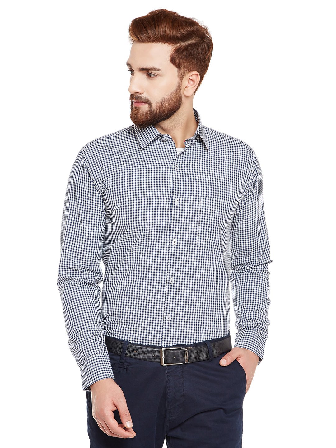 Men Navy Blue Checks Slim Fit Pure Cotton Formal Shirt - #folk republic#
