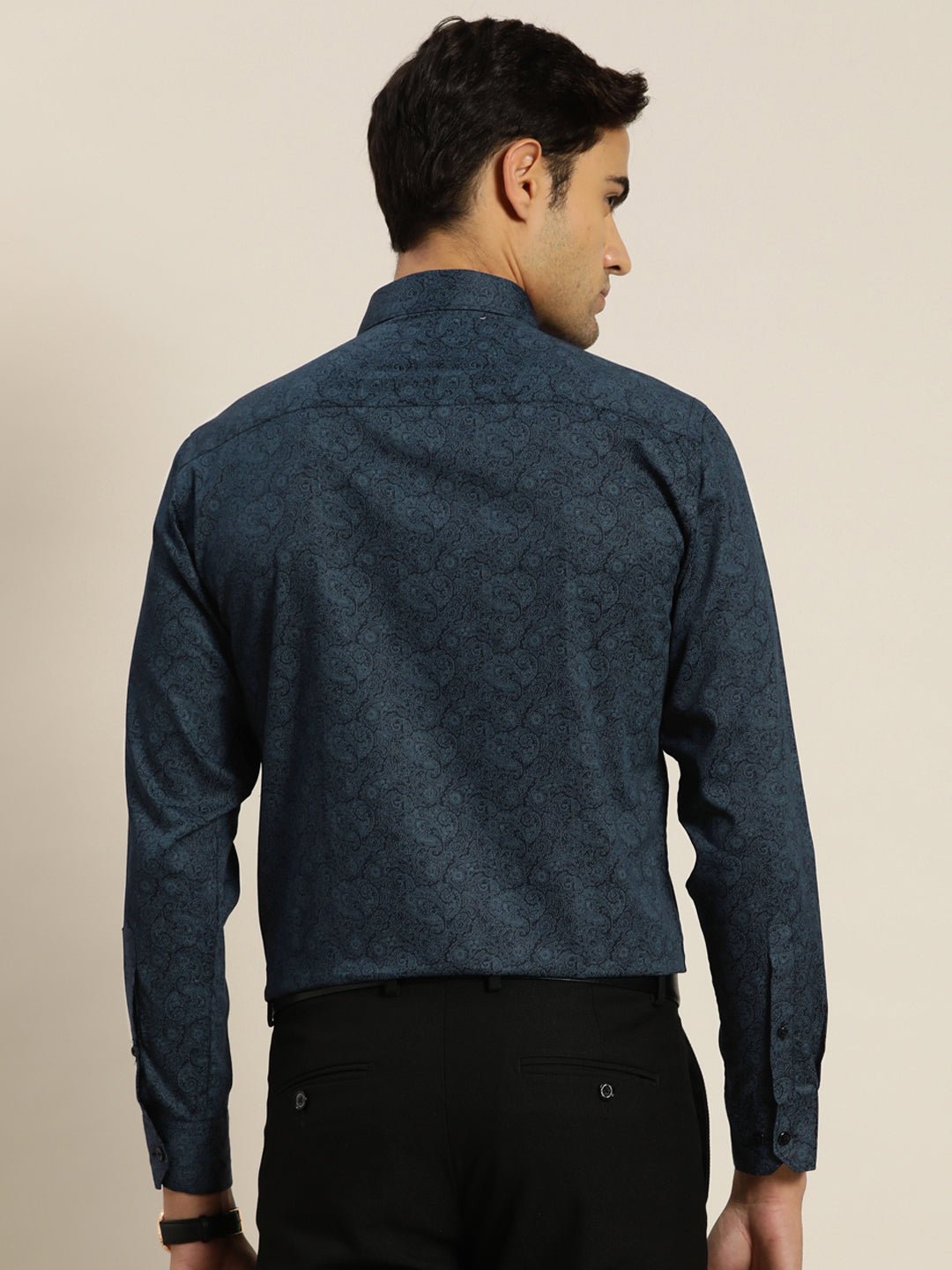 Men Navy & Blue Print Pure Cotton Slim fit Party Shirt - #folk republic#