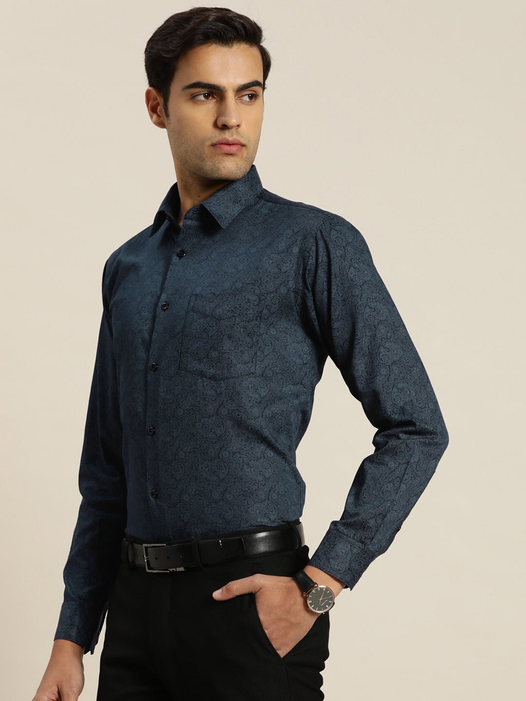 Men Navy & Blue Print Pure Cotton Slim fit Party Shirt - #folk republic#