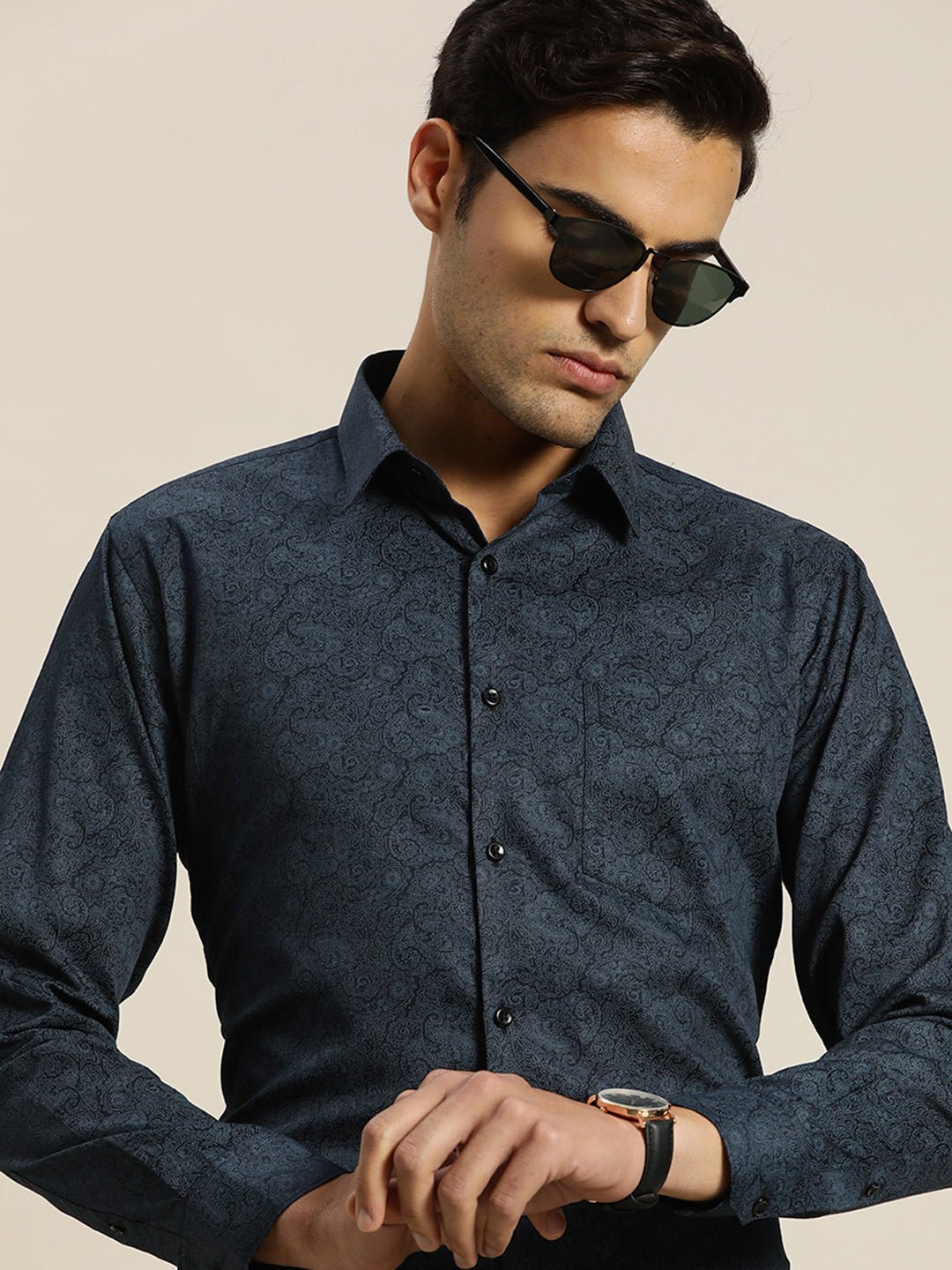 Men Navy & Blue Print Pure Cotton Slim fit Party Shirt - #folk republic#