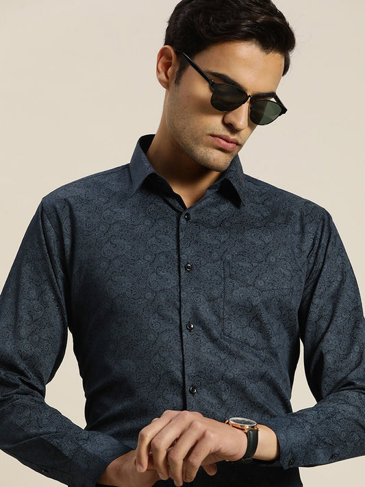 Men Navy & Blue Print Pure Cotton Slim fit Party Shirt - #folk republic#