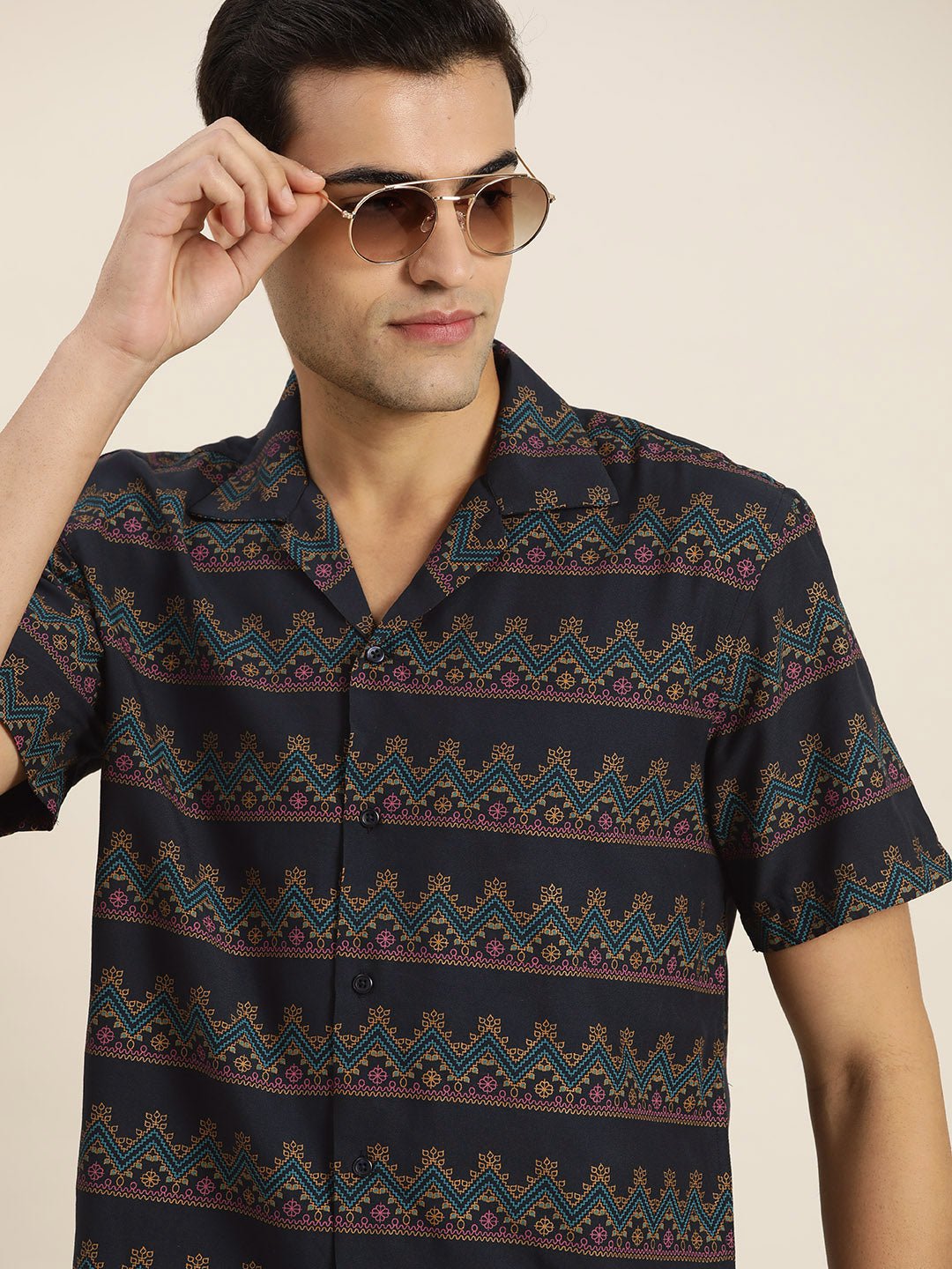 Men Navy & Blue Print Viscose Rayon Relaxed Fit Casual Resort Shirt - #folk republic#