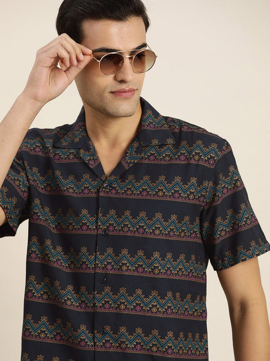 Men Navy & Blue Print Viscose Rayon Relaxed Fit Casual Resort Shirt - #folk republic#