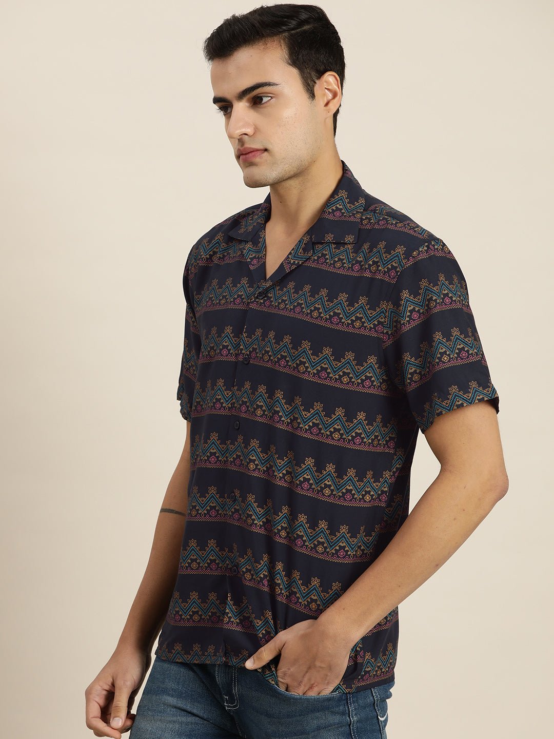 Men Navy & Blue Print Viscose Rayon Relaxed Fit Casual Resort Shirt - #folk republic#