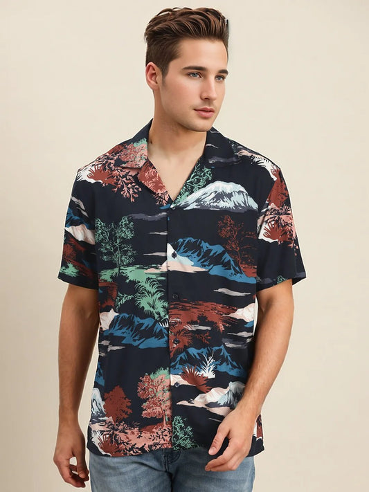 Men Navy & Blue Print Viscose Rayon Relaxed Fit Casual Resort Shirt - #folk republic#