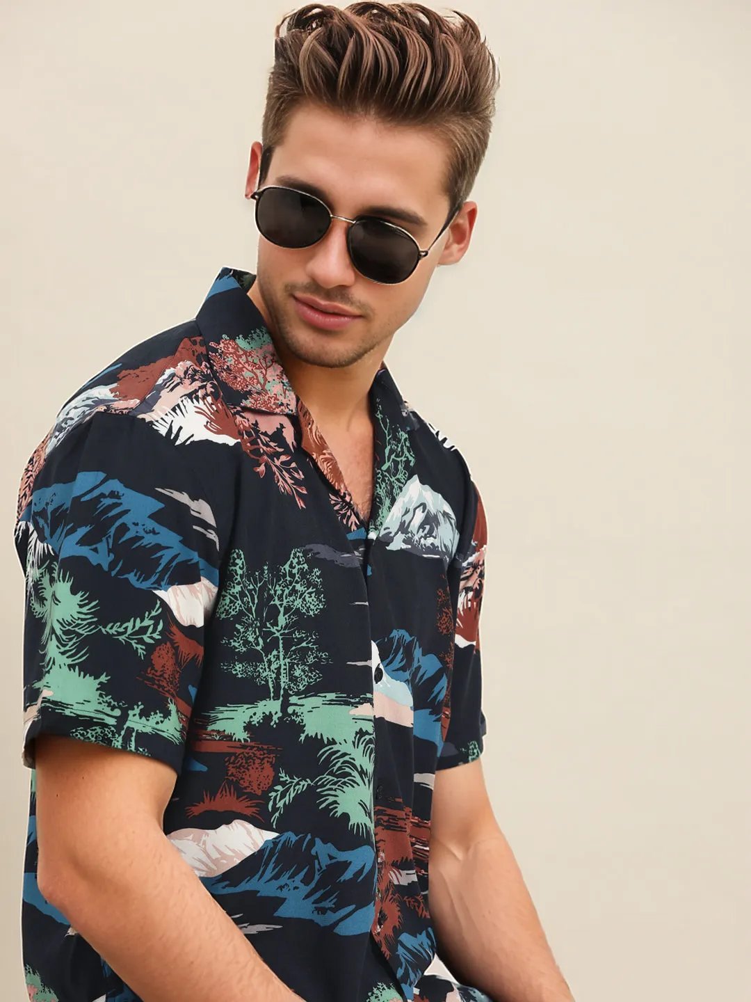 Men Navy & Blue Print Viscose Rayon Relaxed Fit Casual Resort Shirt - #folk republic#
