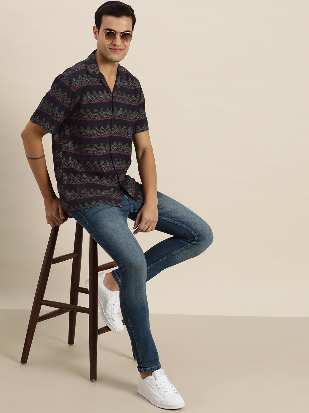 Men Navy & Blue Print Viscose Rayon Relaxed Fit Casual Resort Shirt - #folk republic#