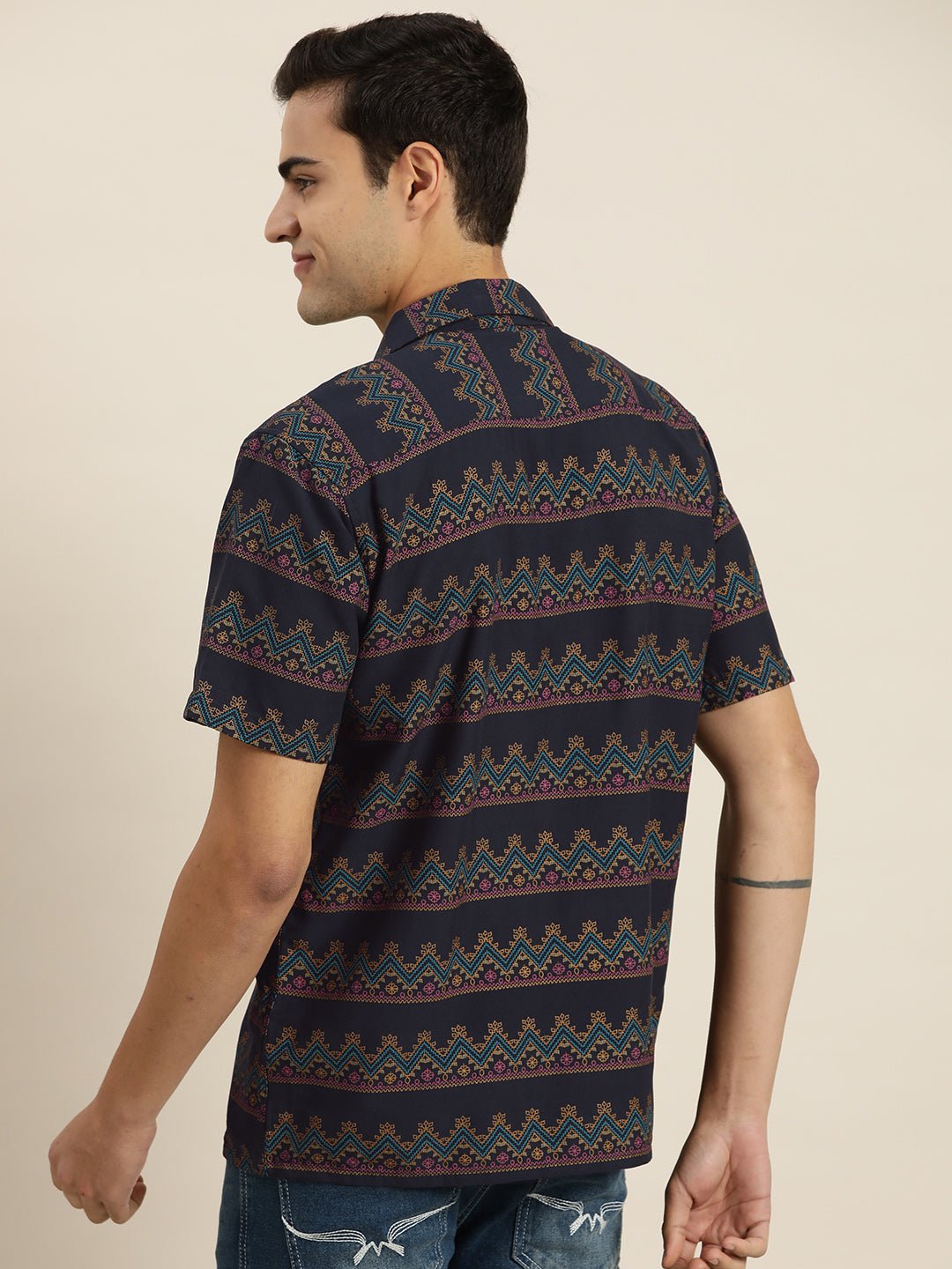 Men Navy & Blue Print Viscose Rayon Relaxed Fit Casual Resort Shirt - #folk republic#