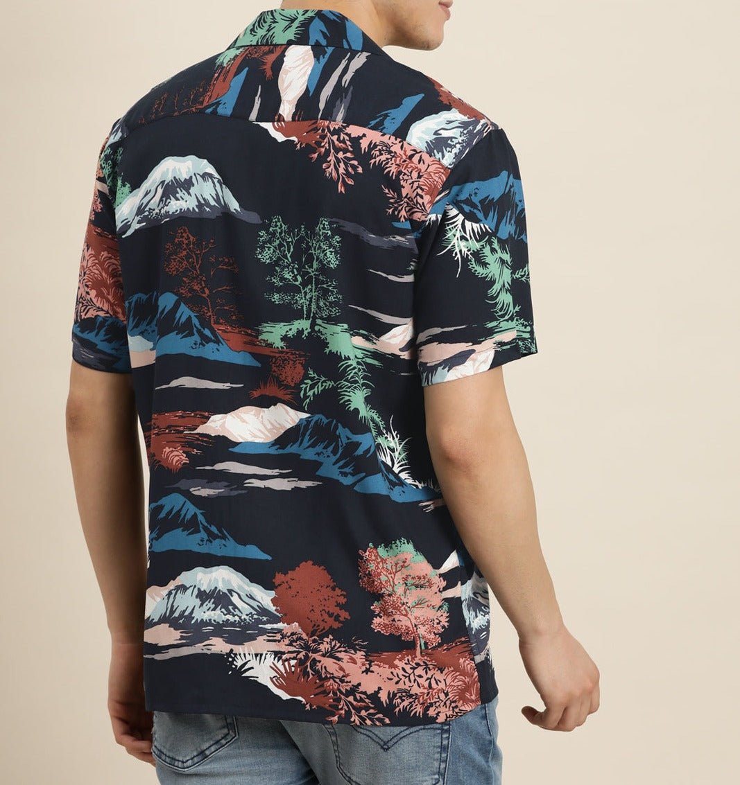 Men Navy & Blue Print Viscose Rayon Relaxed Fit Casual Resort Shirt - #folk republic#