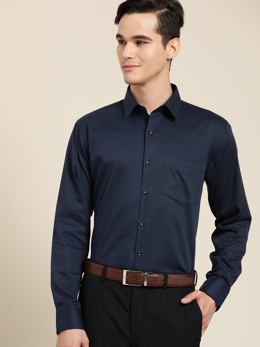 Men Navy Blue Pure Cotton Slim Fit Solid Formal Shirt - #folk republic#
