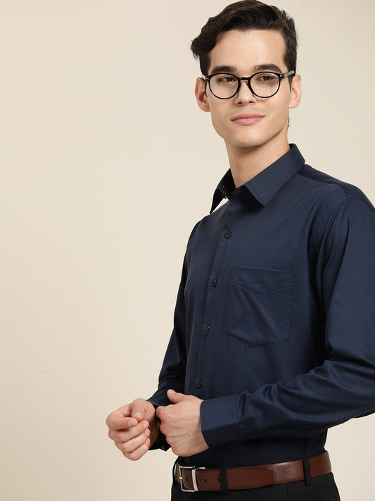 Men Navy Blue Pure Cotton Slim Fit Solid Formal Shirt - #folk republic#