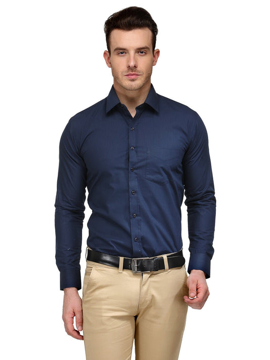 Men Navy Blue Solid Slim Fit Cotton Rich Formal Shirt - #folk republic#