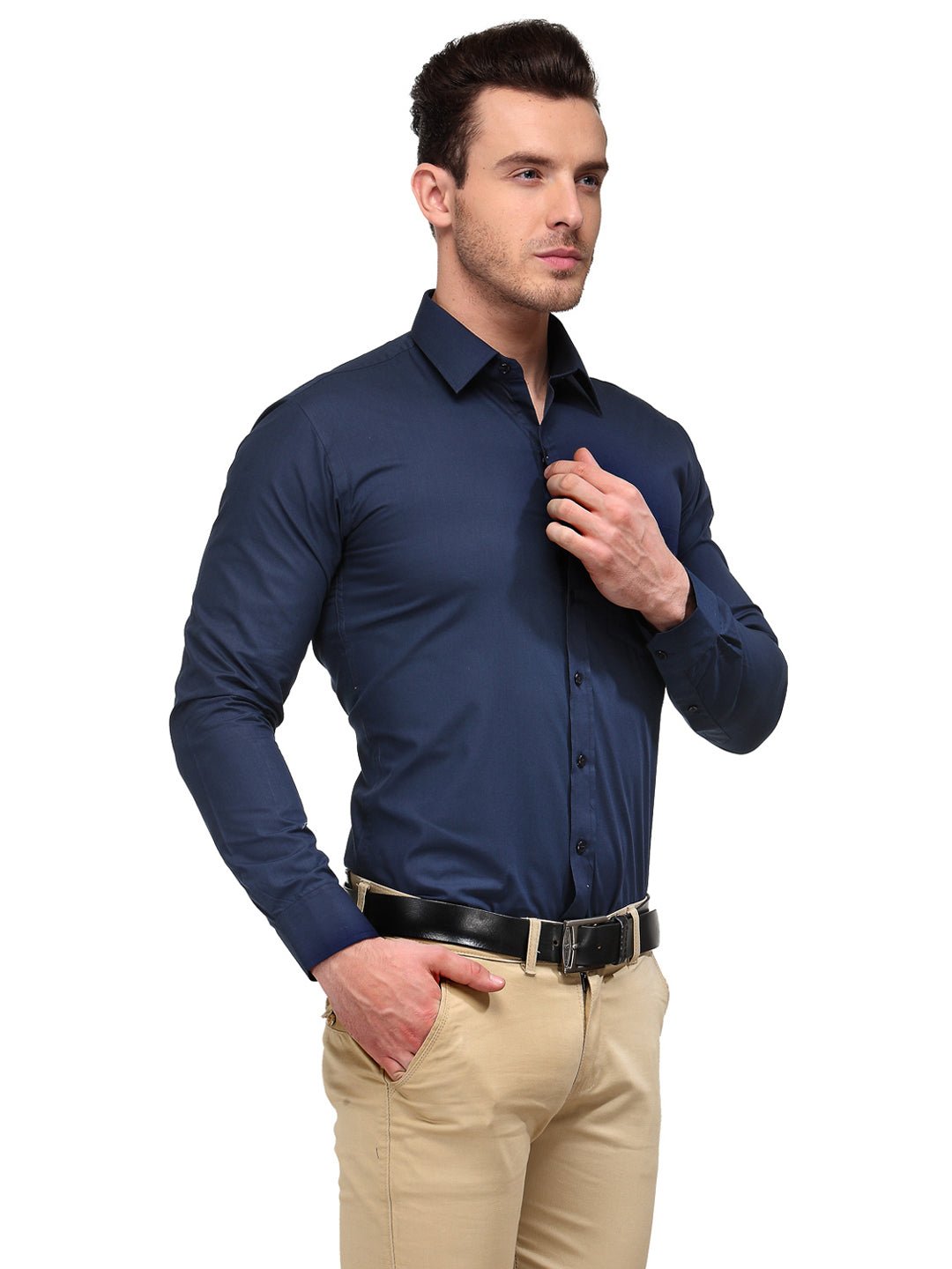 Men Navy Blue Solid Slim Fit Cotton Rich Formal Shirt - #folk republic#