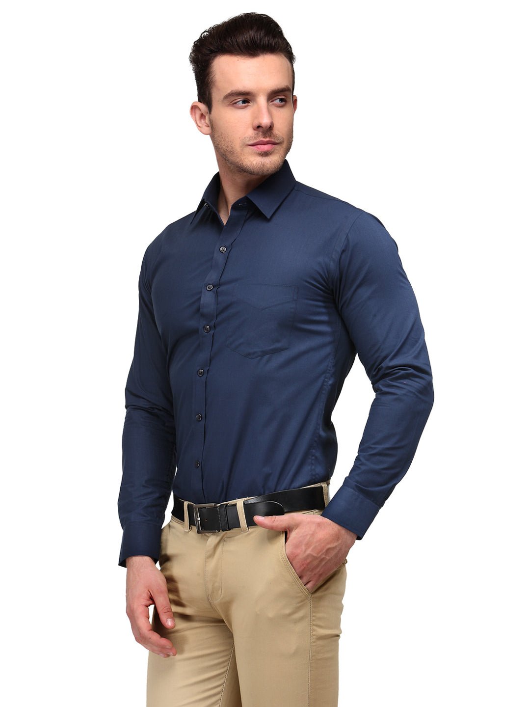 Men Navy Blue Solid Slim Fit Cotton Rich Formal Shirt - #folk republic#