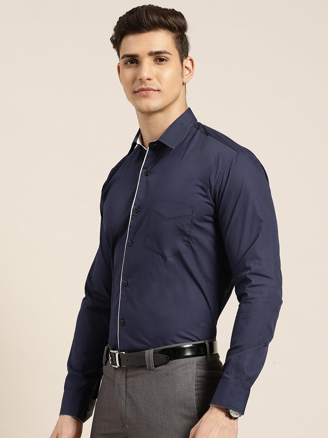 Men Navy Blue Solid Slim Fit Pure Cotton Formal Shirt - #folk republic#