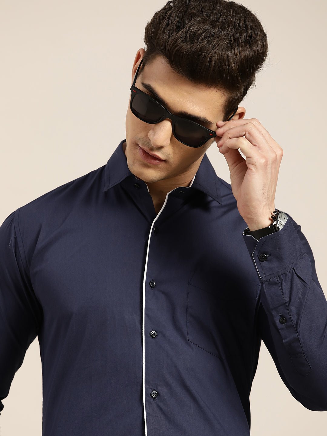 Men Navy Blue Solid Slim Fit Pure Cotton Formal Shirt - #folk republic#