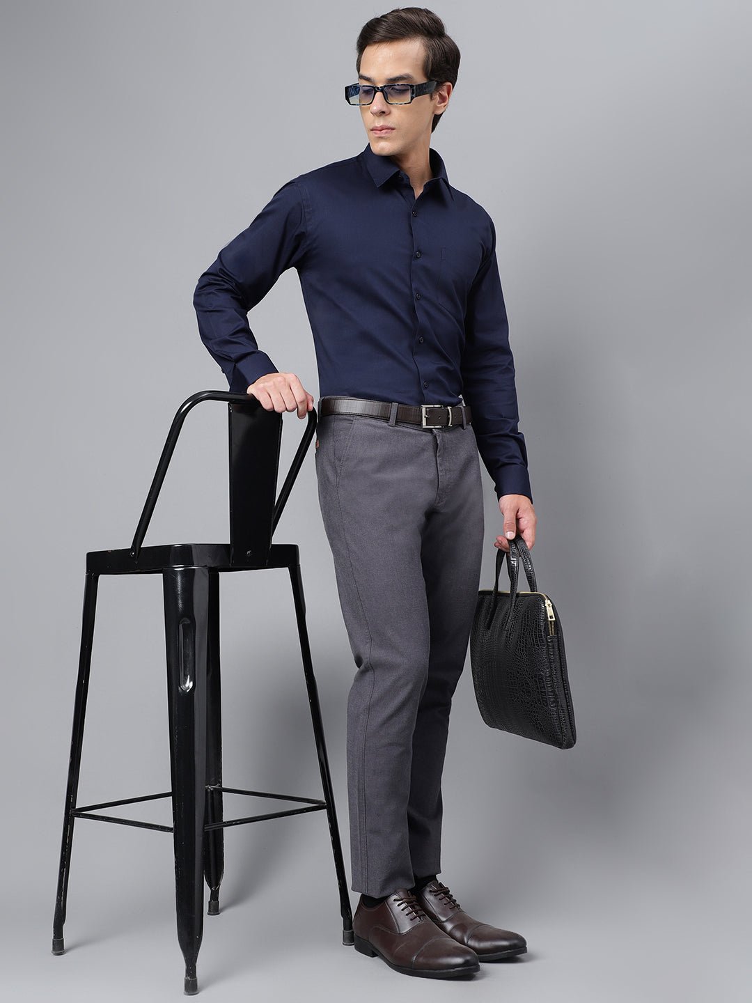 Men Navy Blue Solid Slim Fit Pure Cotton French Cuffs Formal Shirt - #folk republic#