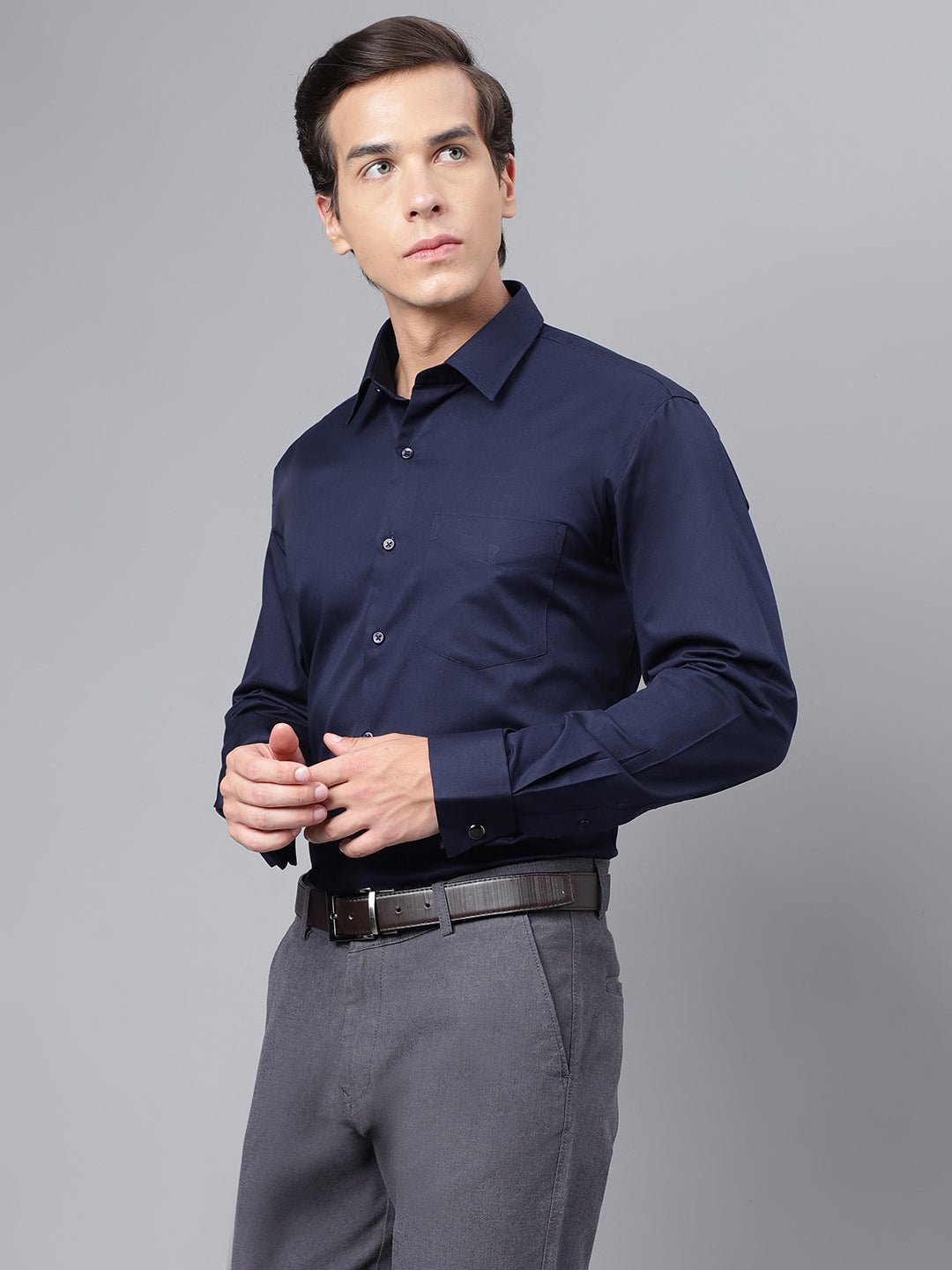 Men Navy Blue Solid Slim Fit Pure Cotton French Cuffs Formal Shirt - #folk republic#