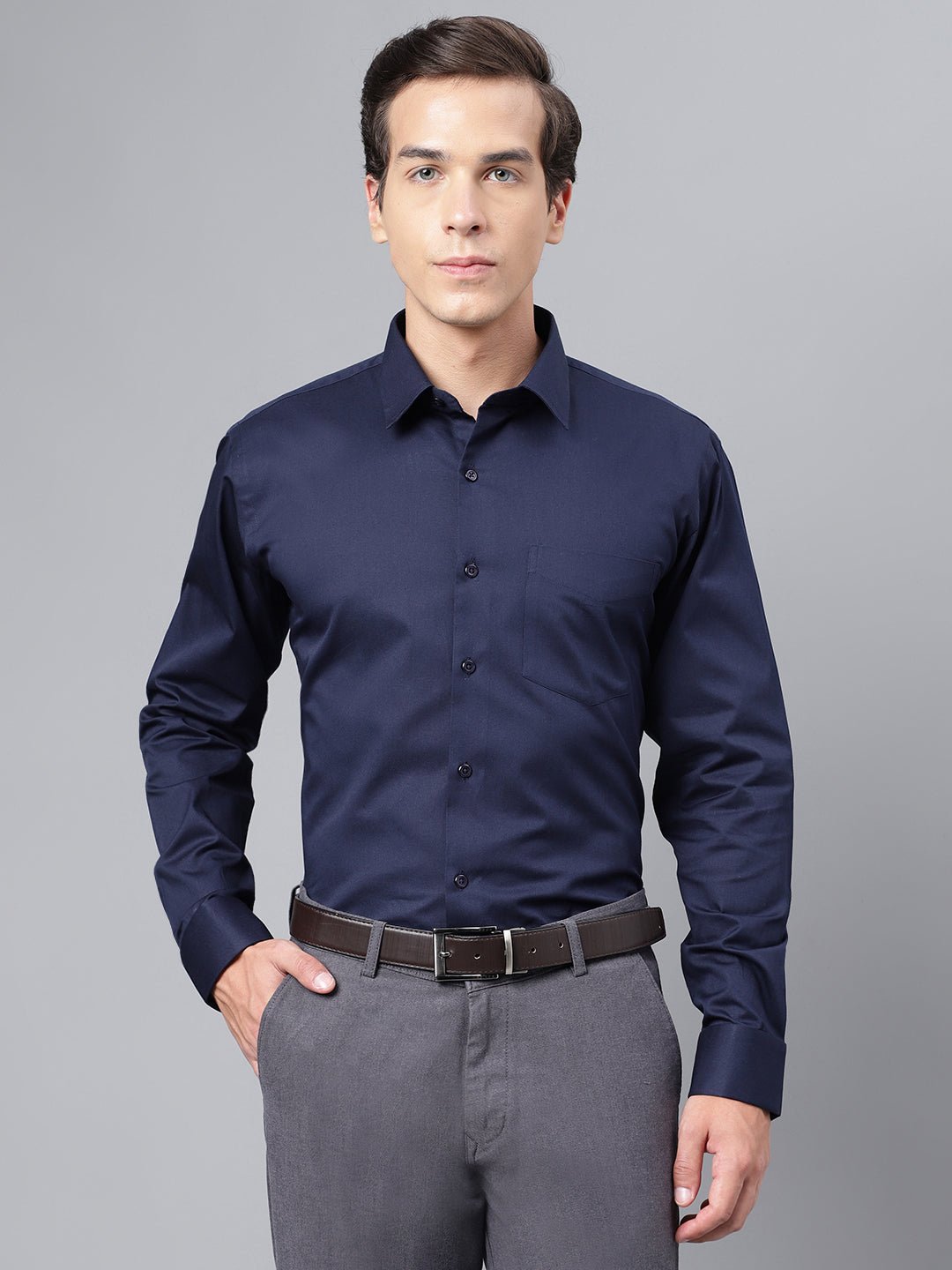Men Navy Blue Solid Slim Fit Pure Cotton French Cuffs Formal Shirt - #folk republic#